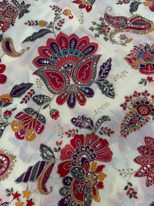 Natural Crepe Position Printed Embroidery Blouse (2828)