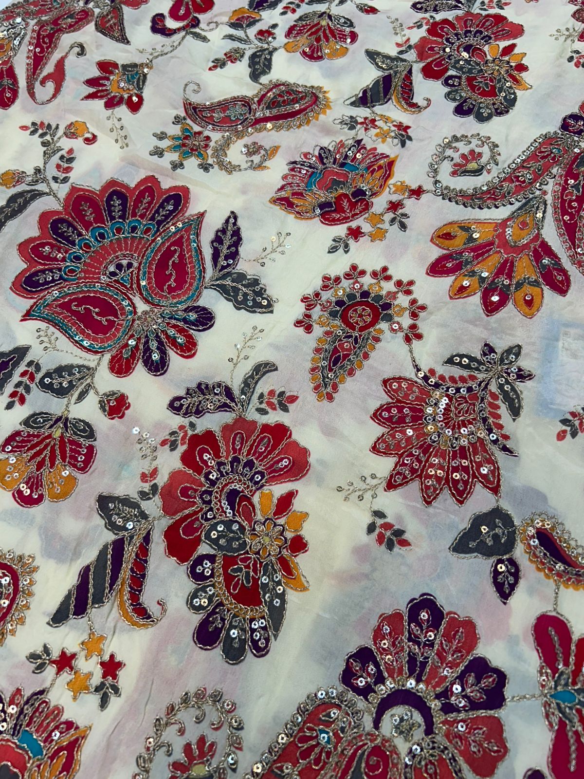 Natural Crepe Position Printed Embroidery Blouse (2828)
