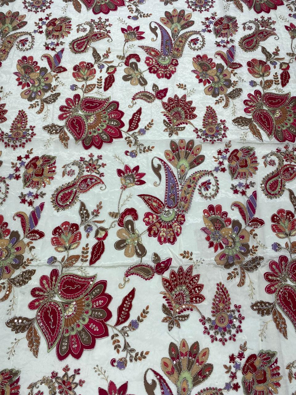 Natural Crepe Position Printed Embroidery Blouse (2828B)