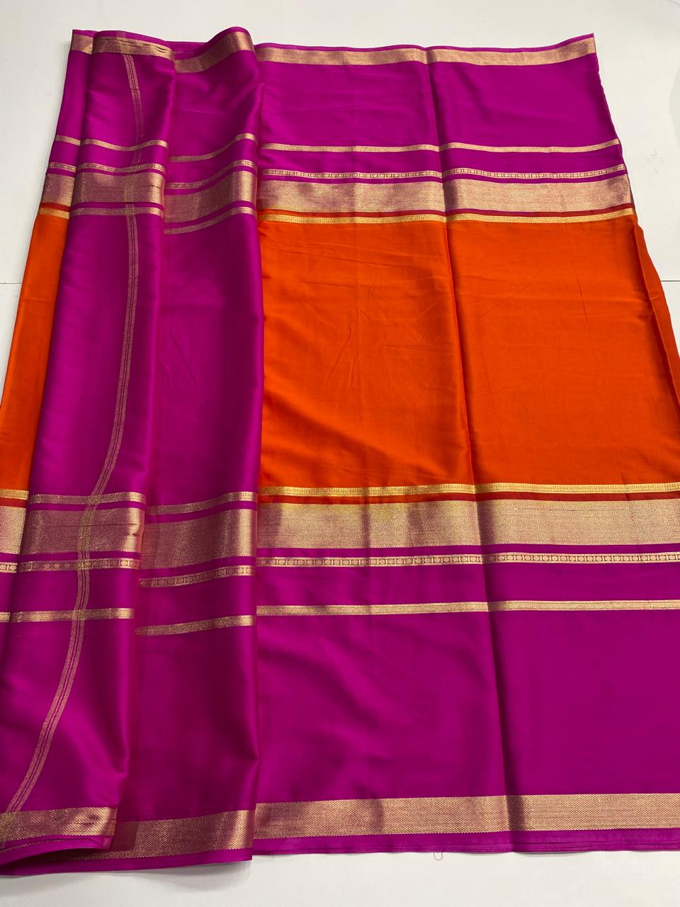 Mysore Crepe Big Border Orange Saree (3010)