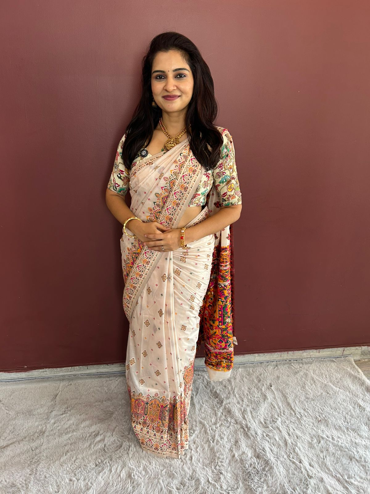 Mysore Pashmeena Off White Meena Butta Saree (2985)