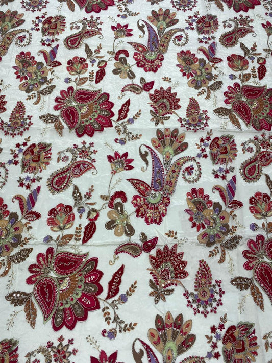 Natural Crepe Position Printed Embroidery Blouse (2828B)