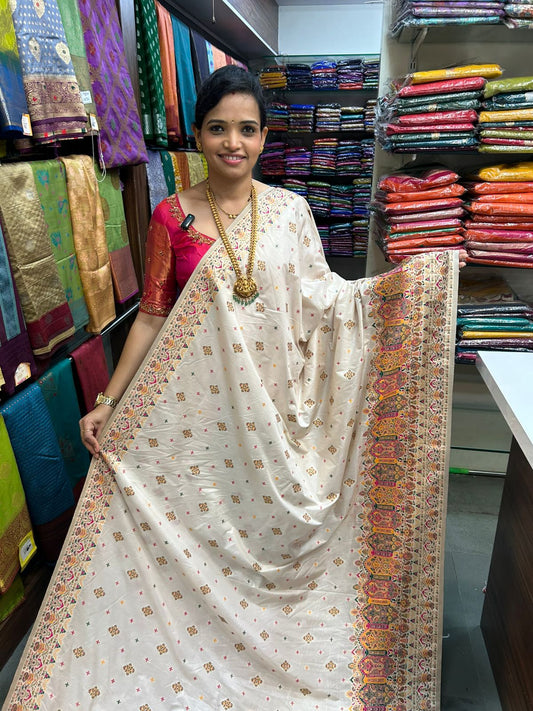 Mysore Pashmeena Off White Meena Butta Saree (2985)