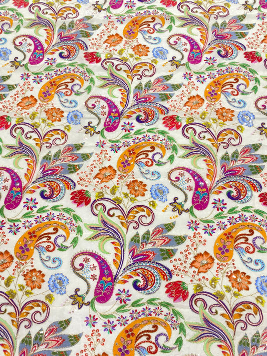 Natural Crepe Position Printed Embroidery Blouse(3216F)