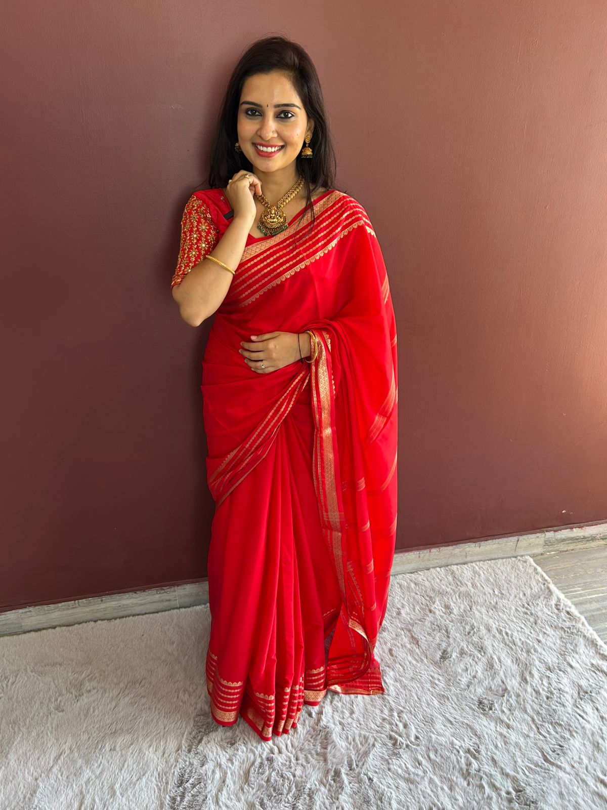 Mysore Crepe Red Saree(3223)
