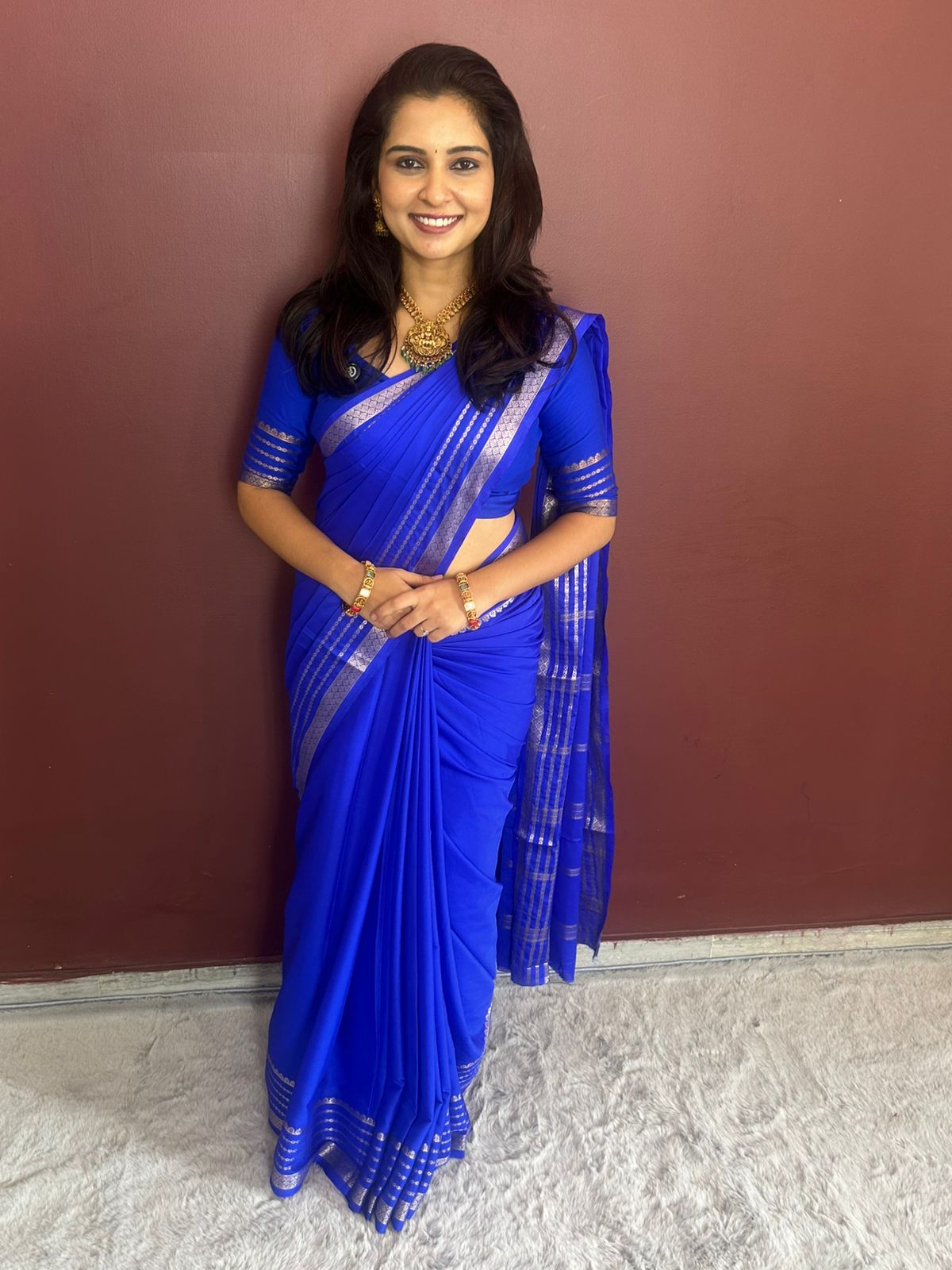 Mysore Crepe Royal Blue Saree(3221)