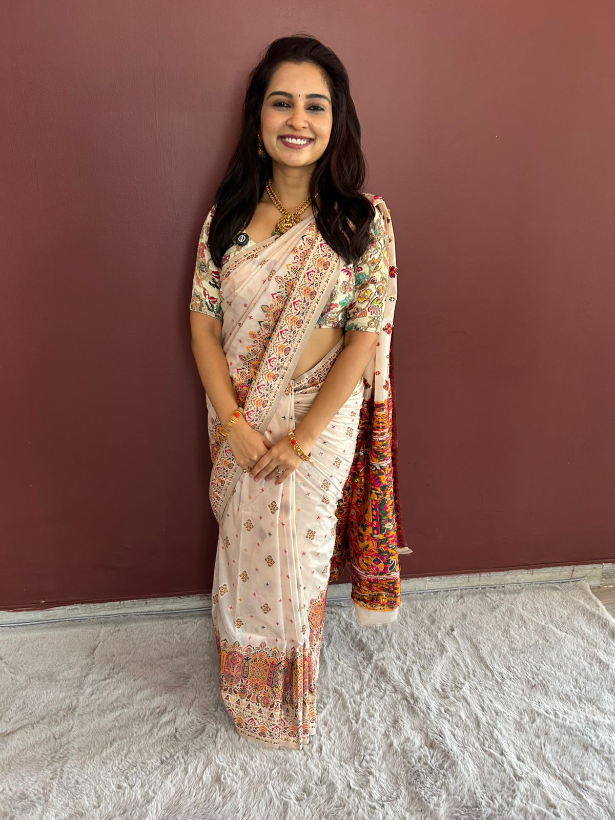 Mysore Pashmeena Off White Meena Butta Saree (2985)