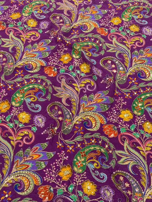 Natural Crepe Position Printed Embroidery Blouse(3216Q)